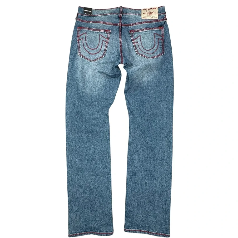 True Religion Ricky Red Big T Jeans Mens 34x34 Blue Neptune Wash Straight NWT